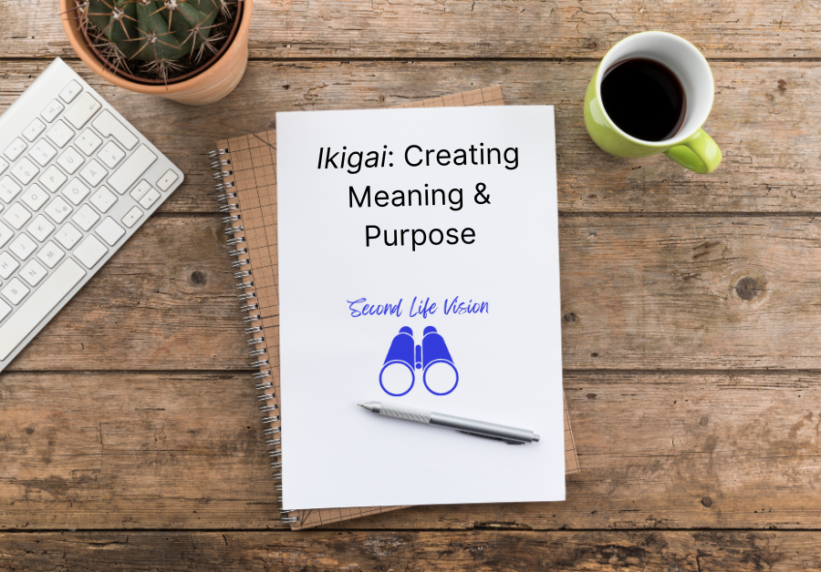 Cup of coffee on a desk beside a laptop and a notebook with "Ikigai: Creating Meaning & Purpose" written on the page.