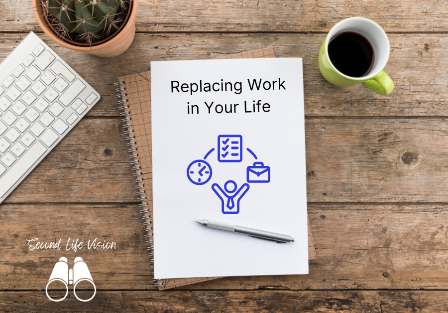 Notebook with "Replacing Work in Your Life" written on the page on a desktop beside a cup of coffee and a laptop keyboard.