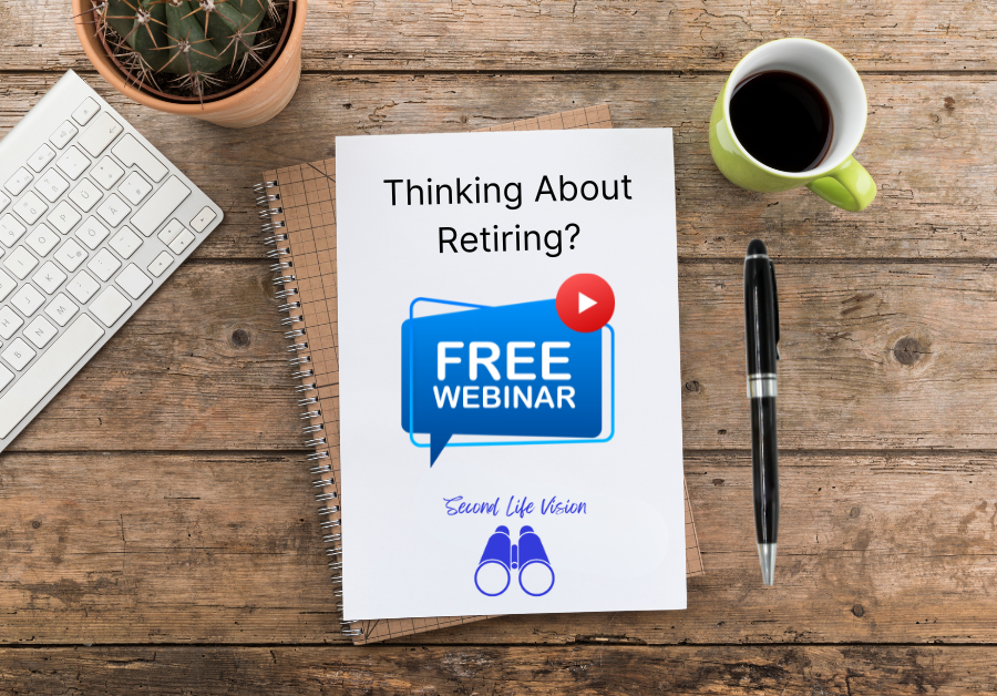 Notebook with "Thinking About Retiring?" written on the page on a desktop beside a laptop keyboard, a cup of coffee, and a pen.