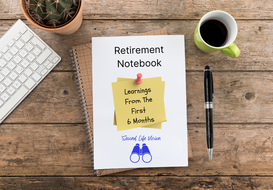 Notebook on a desktop beside a cup of coffee and a keyboard. "Retirement Notebook - Learnings From The First 6 Months"