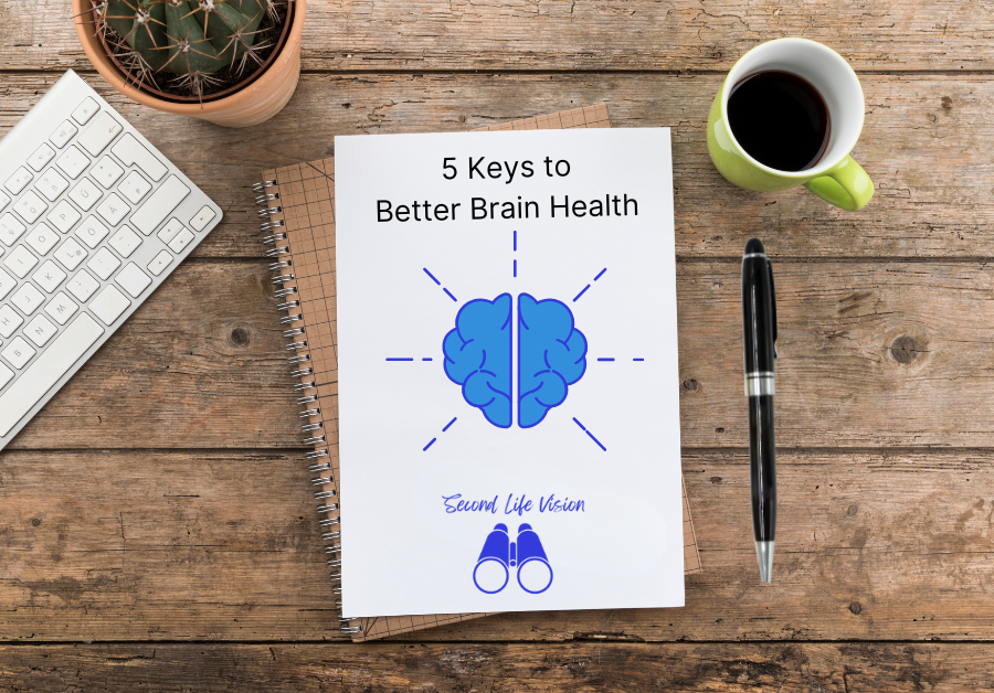 Notebook on a desktop beside a cup of coffee, a pen and a laptop keyboard. "5 Keys to Better Brain Health" is written on the page along with an image of a brain.