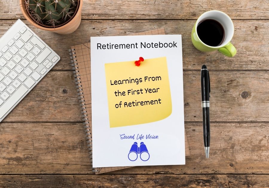 Notebook on a desktop beside a cup of coffee and a computer keyboard. "Retirement Notebook | Learnings From the First Year of Retirement"