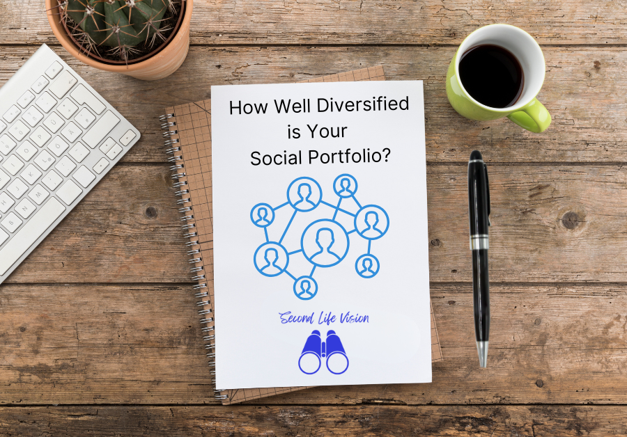 Notebook with "How Well Diversified is Your Social Portfolio?" written on the page on a desktop beside a pen, a laptop keyboard and a cup of coffee.