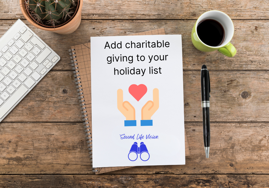 Notebook with "Add charitable giving to your holiday list" written on the page