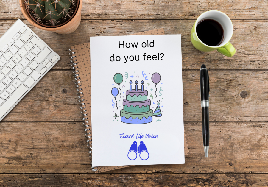 Notebook with How old do you feel? written on the page on a desktop beside a laptop keyboard and a cup of coffee