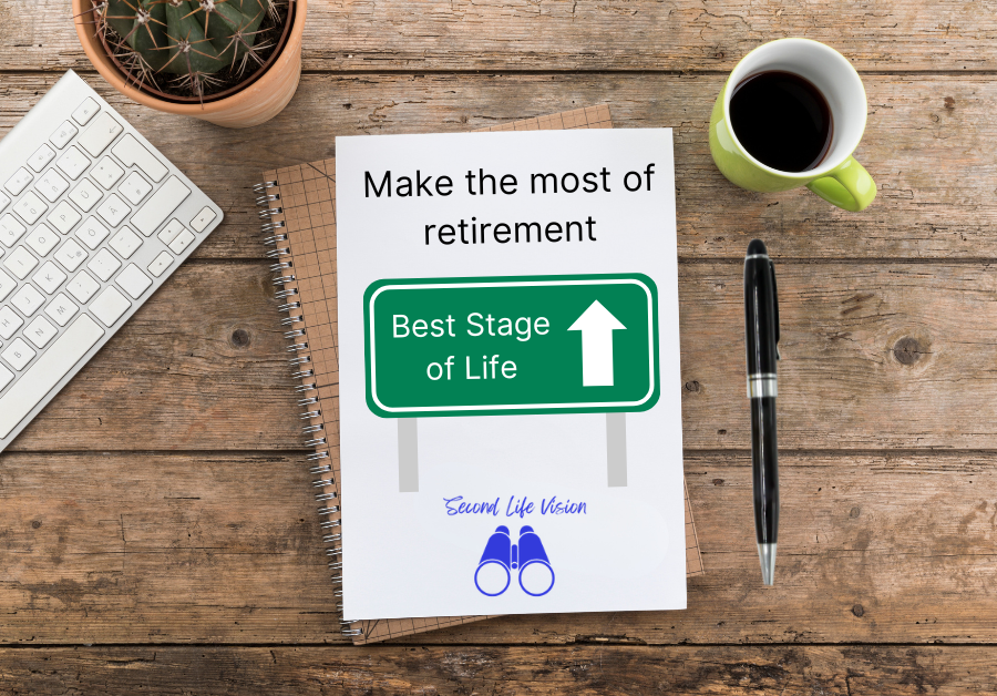 Note book with "Make the most of retirement" on the page with an image of a road sign with an arrow pointing to "Best stage of life"