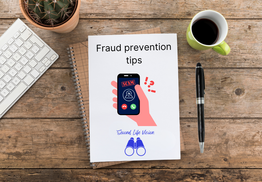 Fraud prevention tips written on a notebook on a desktop beside a pen, a cup of coffee, and a laptop keyboard