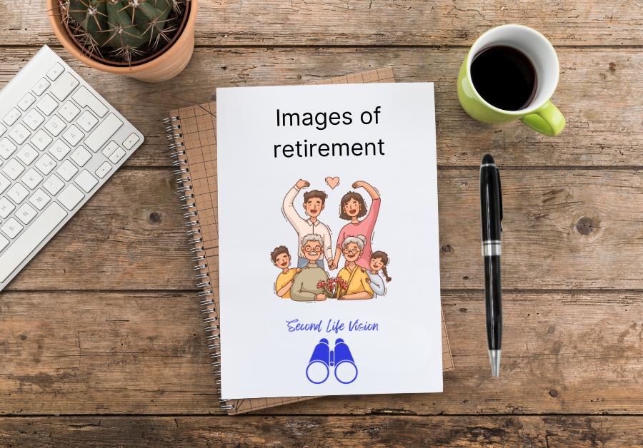 Notebook with an image of an older couple surrounded by family "Images of retirement"