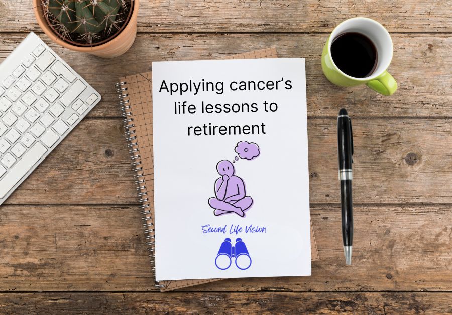 Notebook with "Applying cancer's life lessons to retirement" on a desktop beside a keyboard and a cup of coffee.