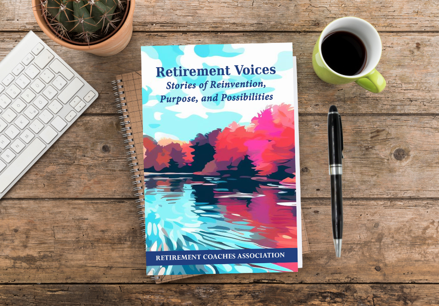 Copy of "Retirement Voices - Stories of Reinvention, Purpose, and Possibilities" on a desktop beside a pen, a cup of coffee, and a laptop keyboard.