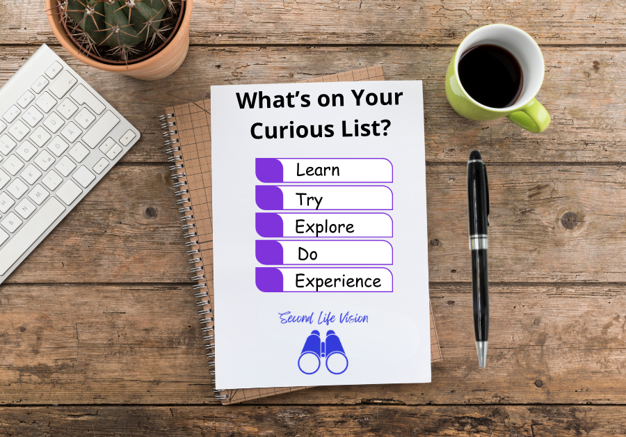 Notebook on a desktop beside a cup of coffee, a pen and a keyboard. "What's on Your Curious List?"