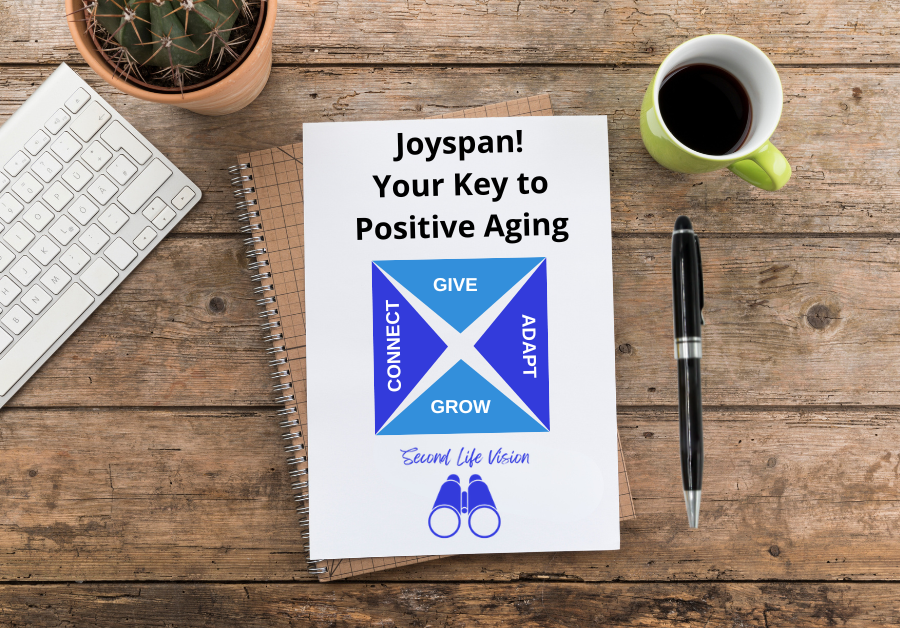 Notebook on a desktop beside a cup of coffee, a pen, and a keyboard. "Joyspan! Your Key to Positive Aging"